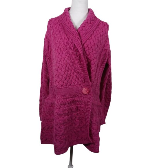 NWOT Aran Crafts Ireland 100% Merino Wool Long Cardigan Pink, SZ Large Lagenlook - Picture 3 of 16